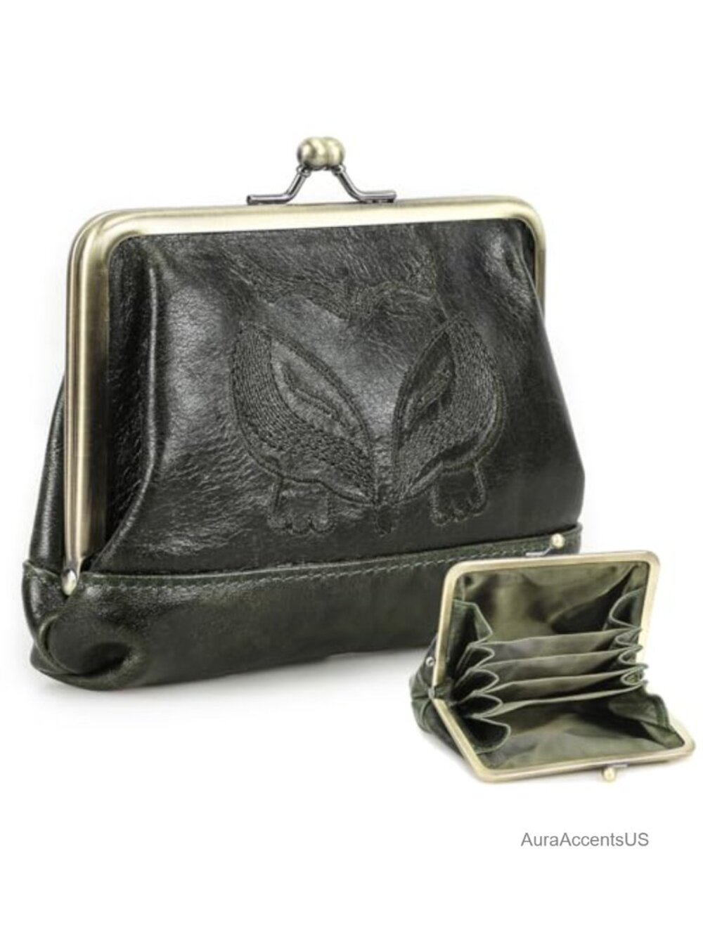 Vintage Full Grain Leather Kiss Lock Fox Embroidery Coin Purse for Women